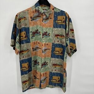Vtg Burma Bibas Shirt Mens L 100%‎ Silk Colorful Funky Land & Sea Transportation